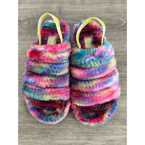 UGG Women's Fluff Yeah Pixelate Slingback Sandals - White Multi 5M - Picture 3 of 8